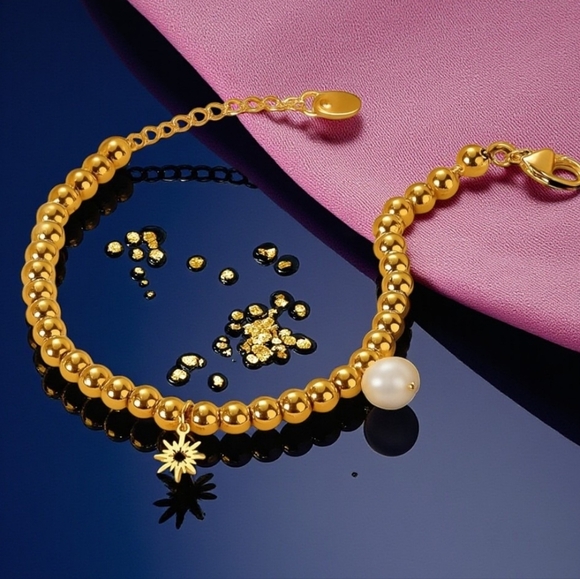 🆕️18K‎ Gold Plated Stainless Steel Beaded Bracelet with Sun & Pearl Charms ✨ - Picture 8 of 15